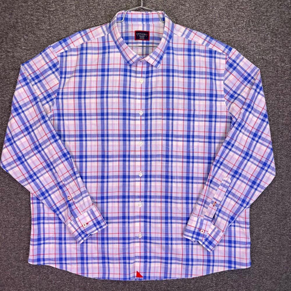 UNTUCKit Button Down Mens 3XL Blue Pink Plaid‎ Casual Wrinkle Free Cotton Shirt
